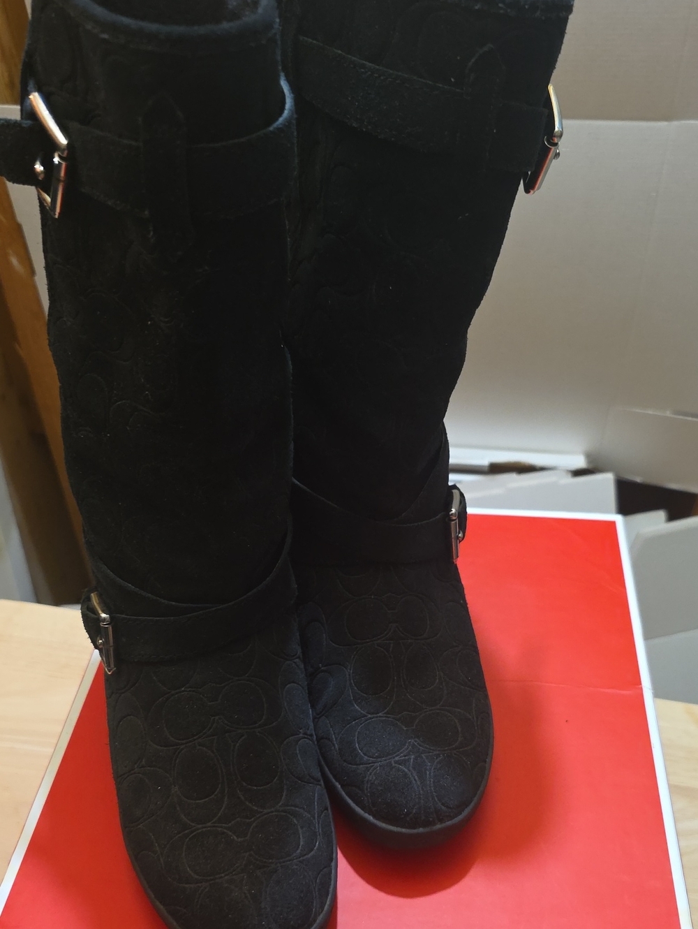 B3 Coach Black Suede Mid-Calf Heeled Boots with Buckle Accents